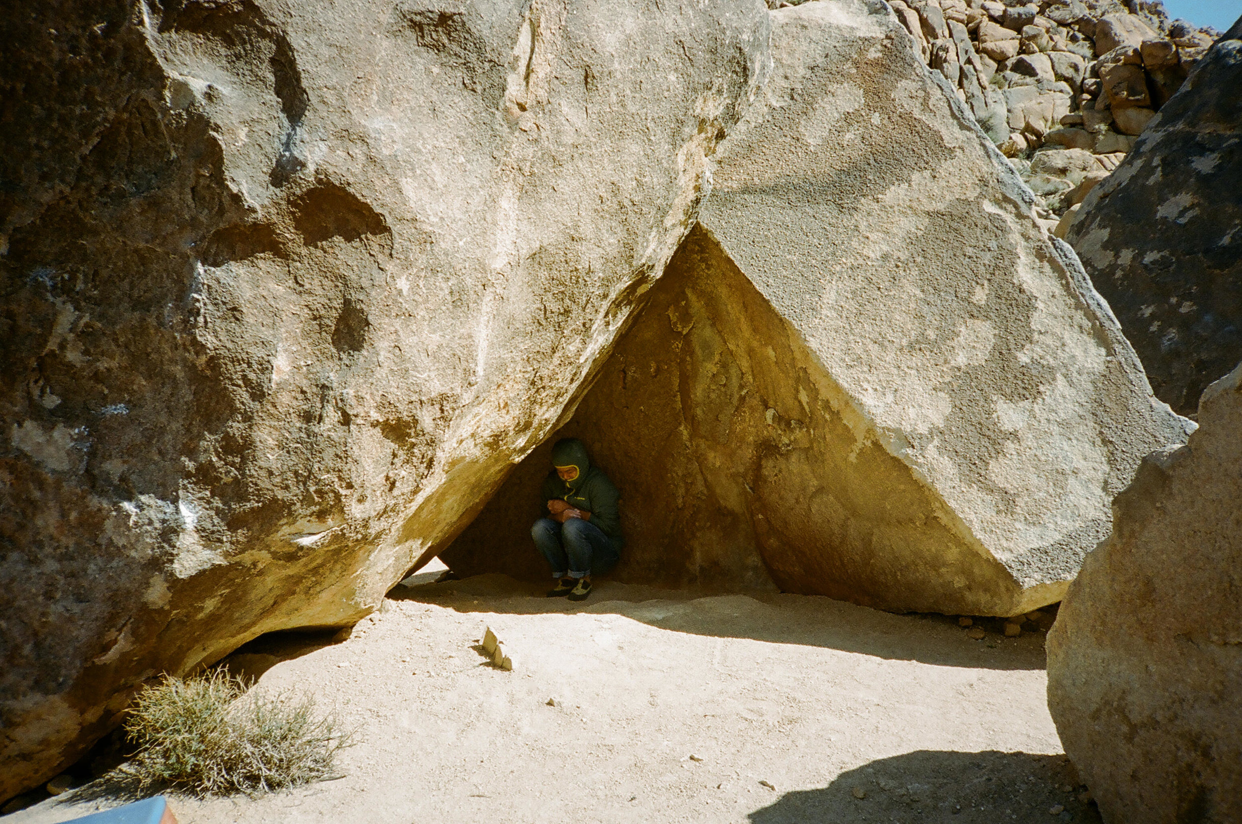 Shawn hiding from the wind